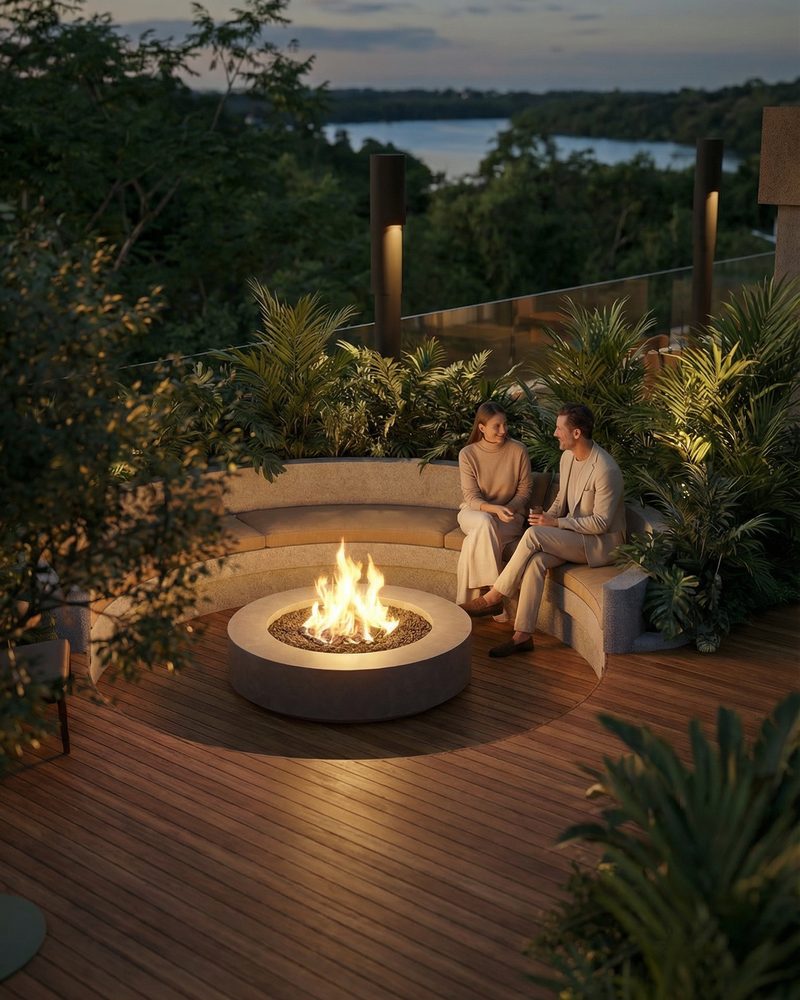 Fogo de chão ilustrativo no deck, ao anoitecer, com a Lagoa ao fundo