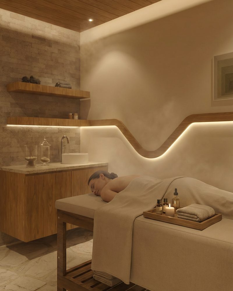 Sala de massagem ilustrativa com maca e iluminação suave