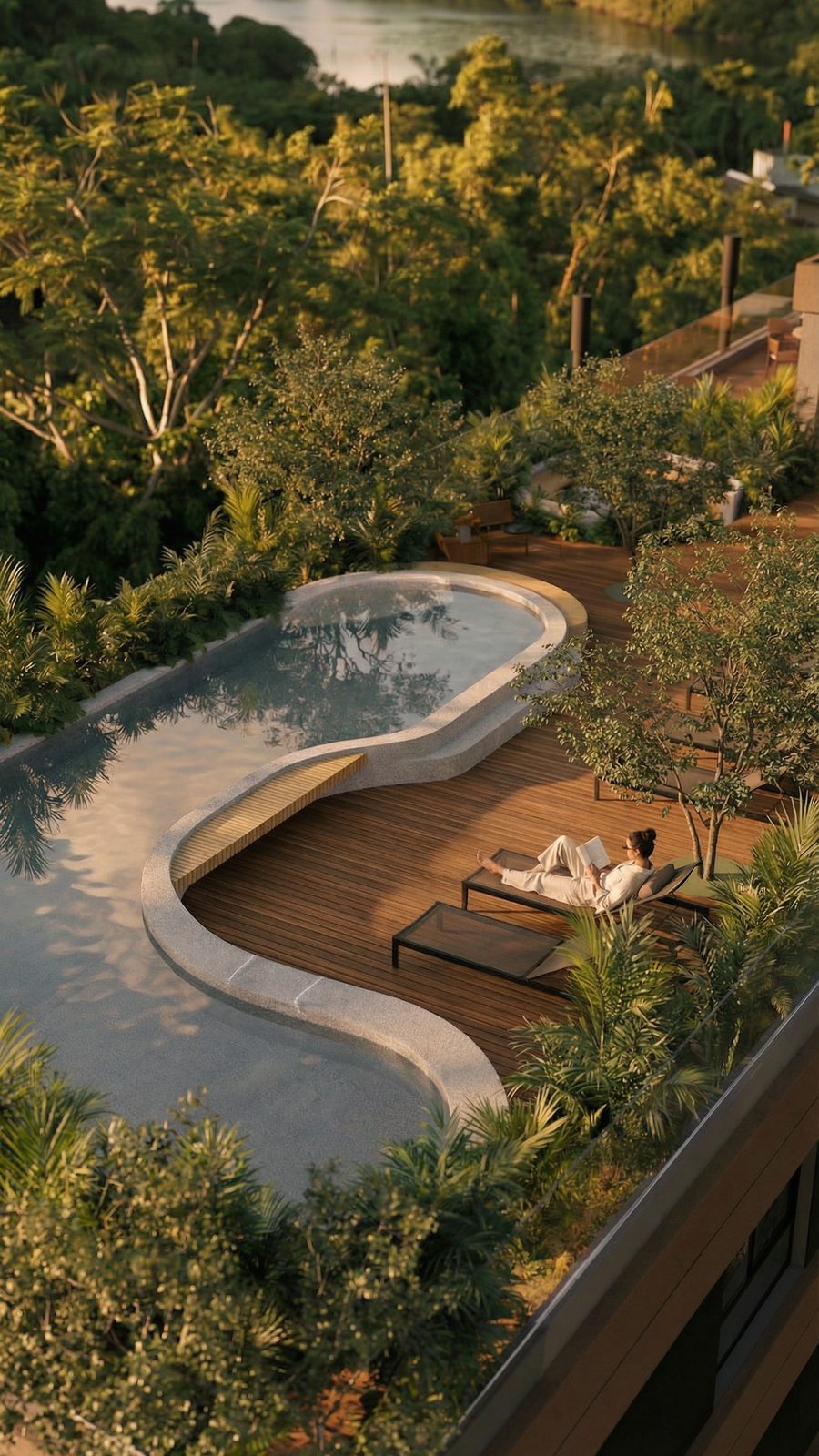 Piscina ilustrativa do Tukã Home Club, vista do alto, com a Lagoa ao fundo