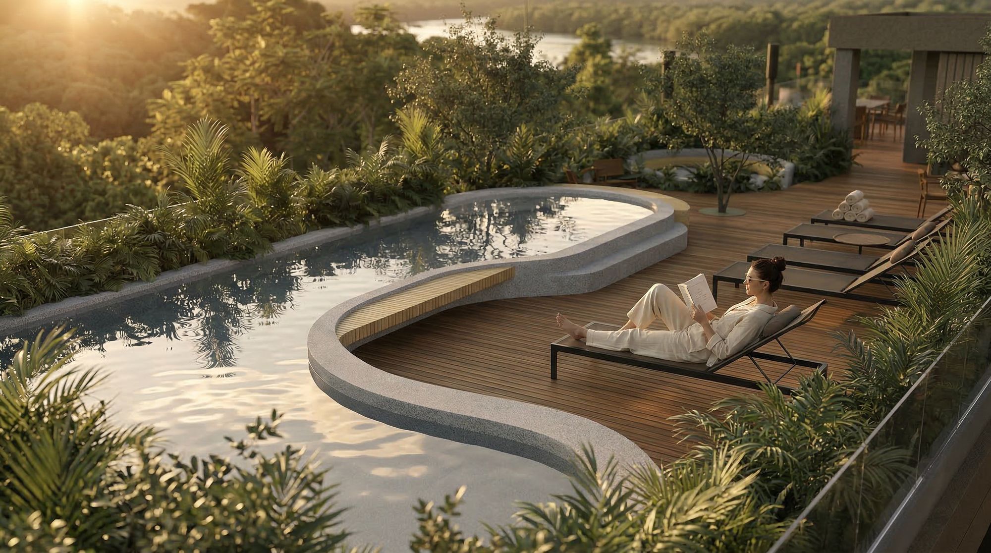 Piscina ilustrativa do Tukã Home Club, entre a vegetação, com a Lagoa ao fundo