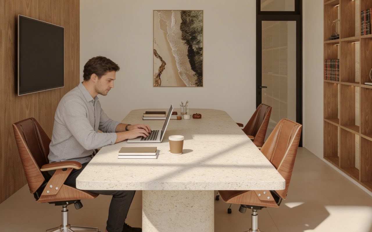 Office ilustrativo com mesa de reunião, cadeiras de couro e forro de madeira