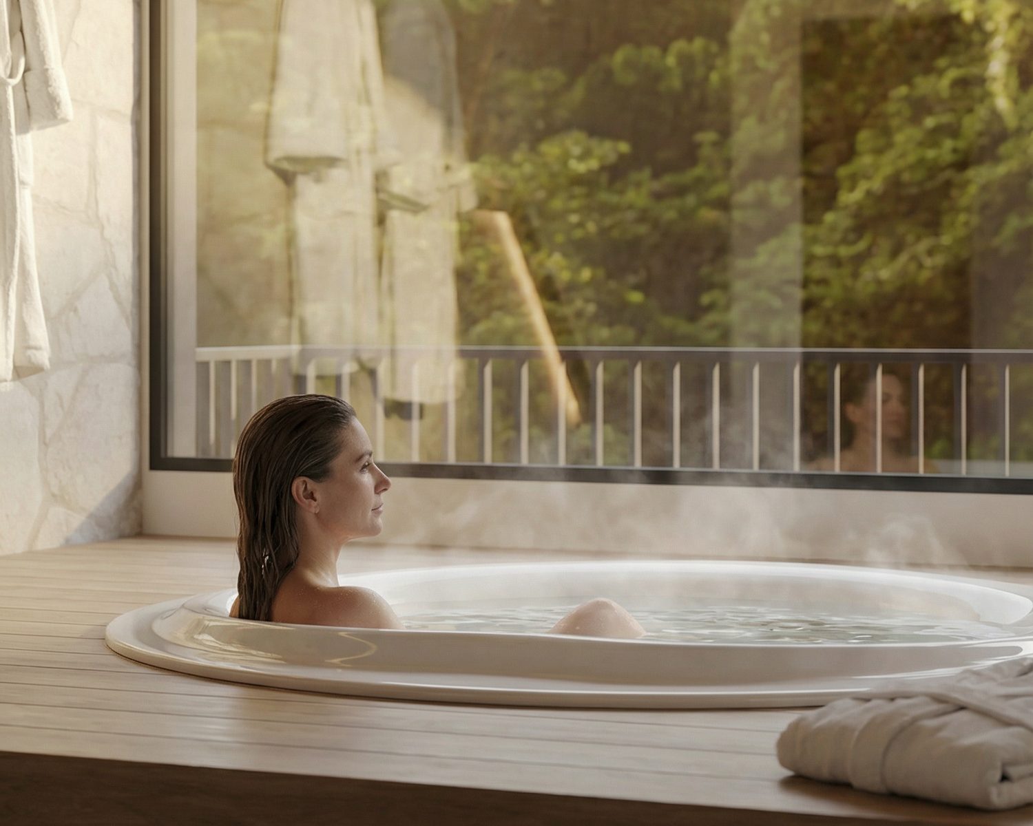 Jacuzzi ilustrativa do spa, com janela ampla voltada para a mata